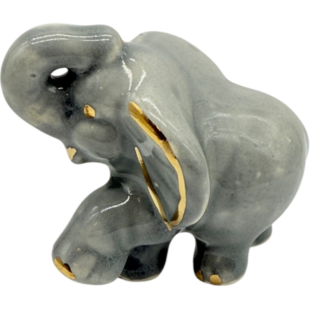 Elephant Figurine Gray Gold Accents Ceramic Animal Decor Collectible Cute‎